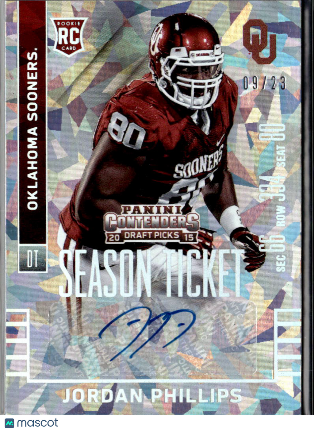 Jordan Phillips 2015 Contenders Auto Autograph Cracked Ice /23 Oklahoma Sooners