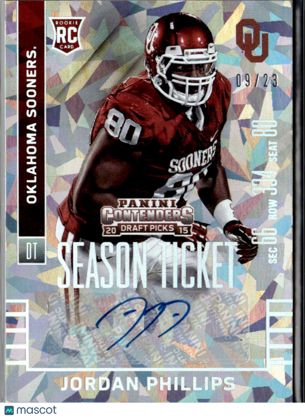 Jordan Phillips 2015 Contenders Auto Autograph Cracked Ice /23 Oklahoma Sooners