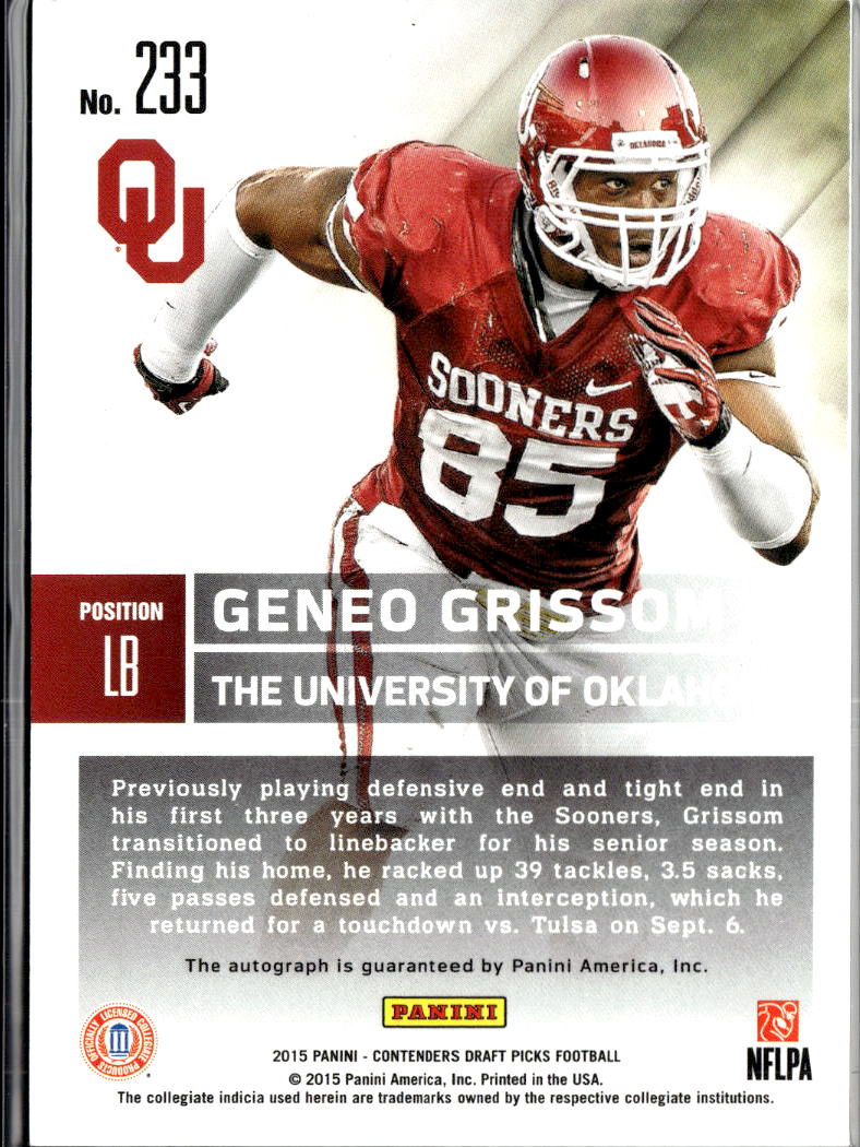 Geneo Grissom 2015 Contenders Auto Autograph Cracked Ice RC /23 Oklahoma Sooners