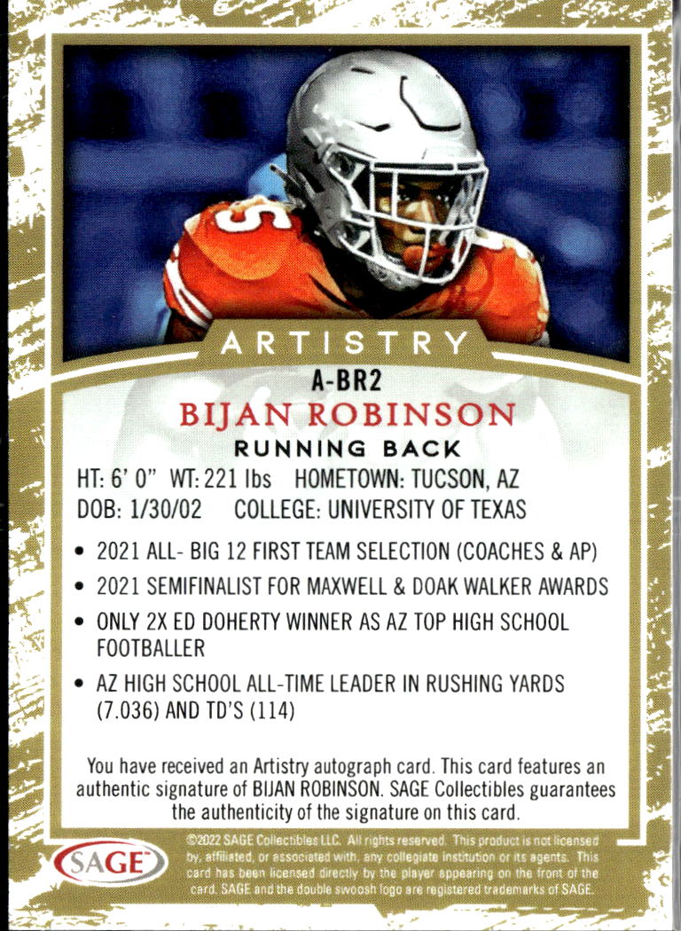 Bijan Robinson 2022 Sage Artistry Auto Autograph Rookie Falcons Texas Longhorns