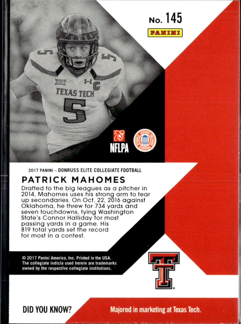 Patrick Mahomes 2017 Elite Rookie RC Texas Tech Red Raiders KC Chiefs #145