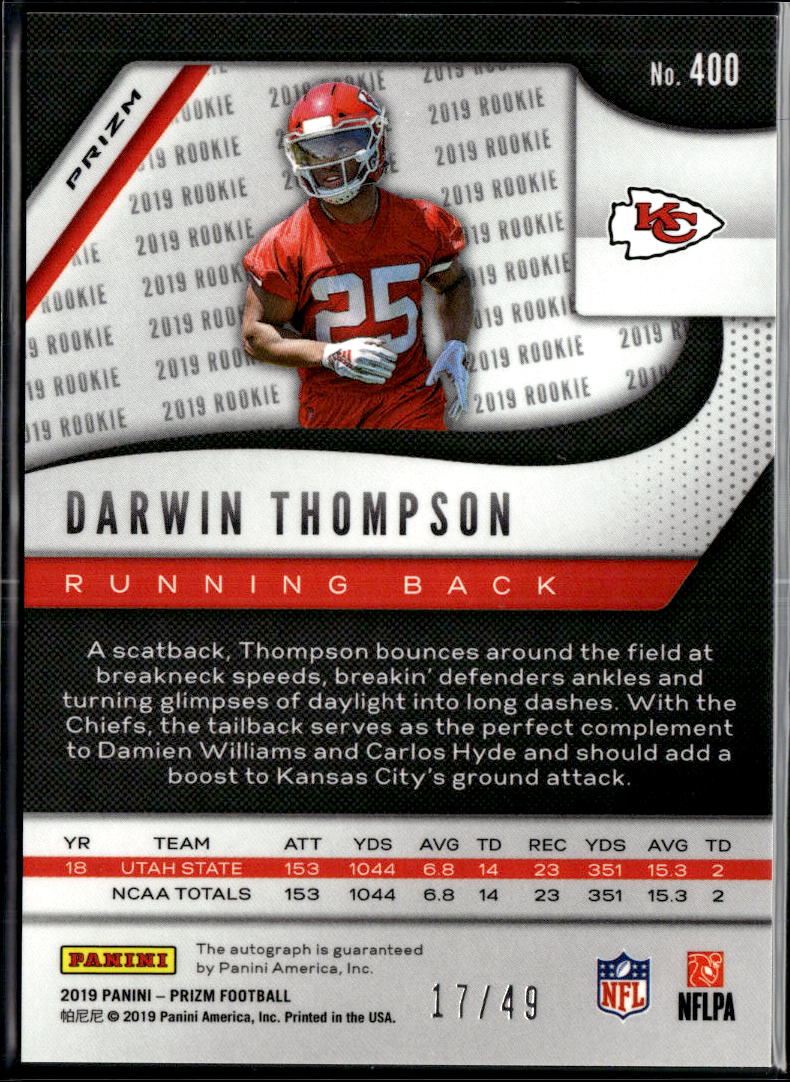 Darwin Thompson 2019 Prizm Purple Auto Autograph RC Jenks Kansas City Chiefs /49