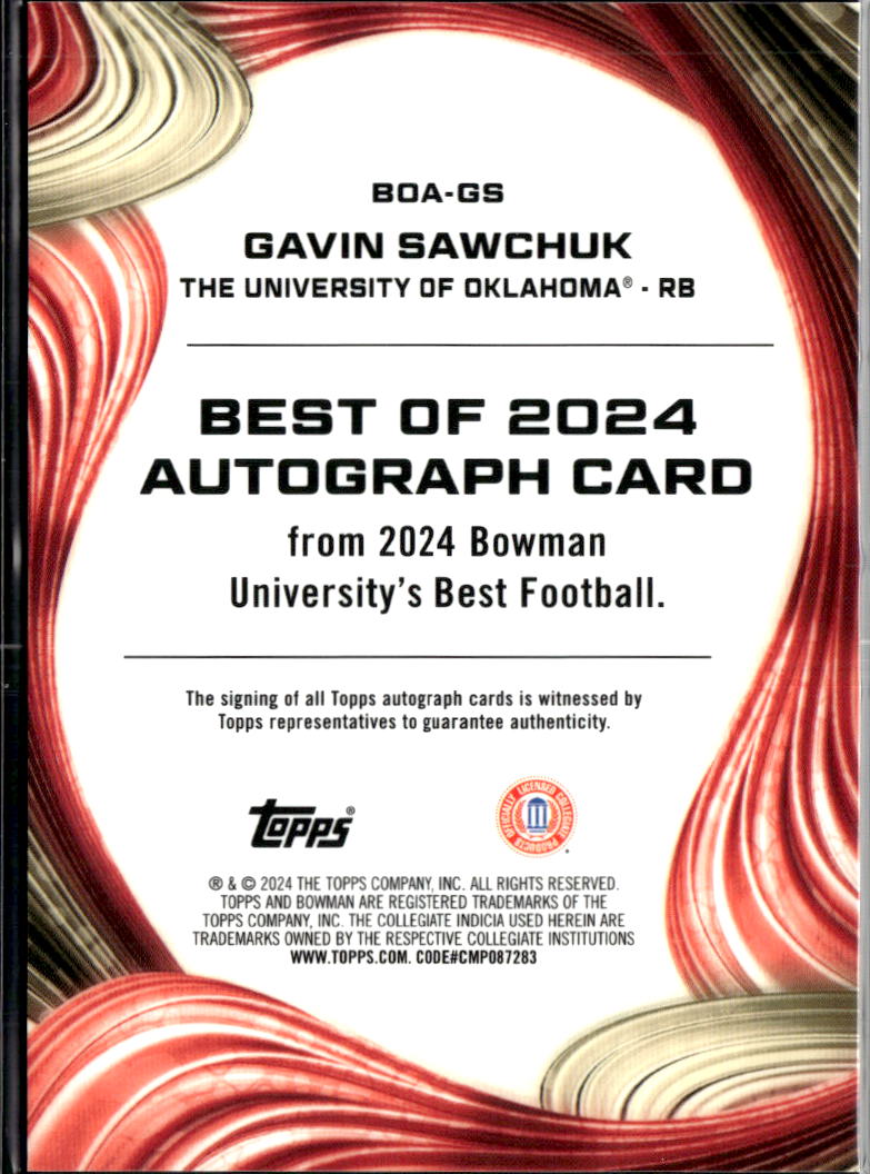 Gavin Sawchuk 2024 Bowman's Best Inscription Auto Autograph 2/5 Oklahoma Sooners