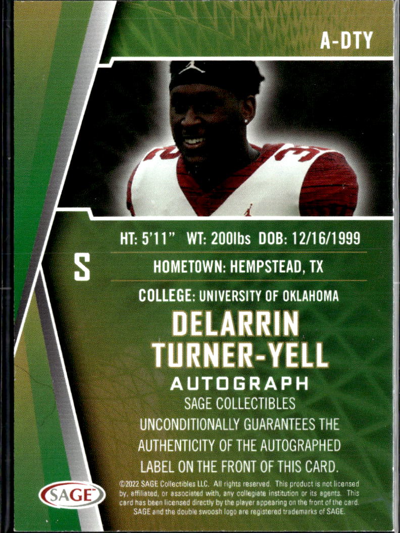Delarrin Turner-Yell 2022 SAGE Auto Autograph RC Platinum 1/1 Oklahoma Sooners
