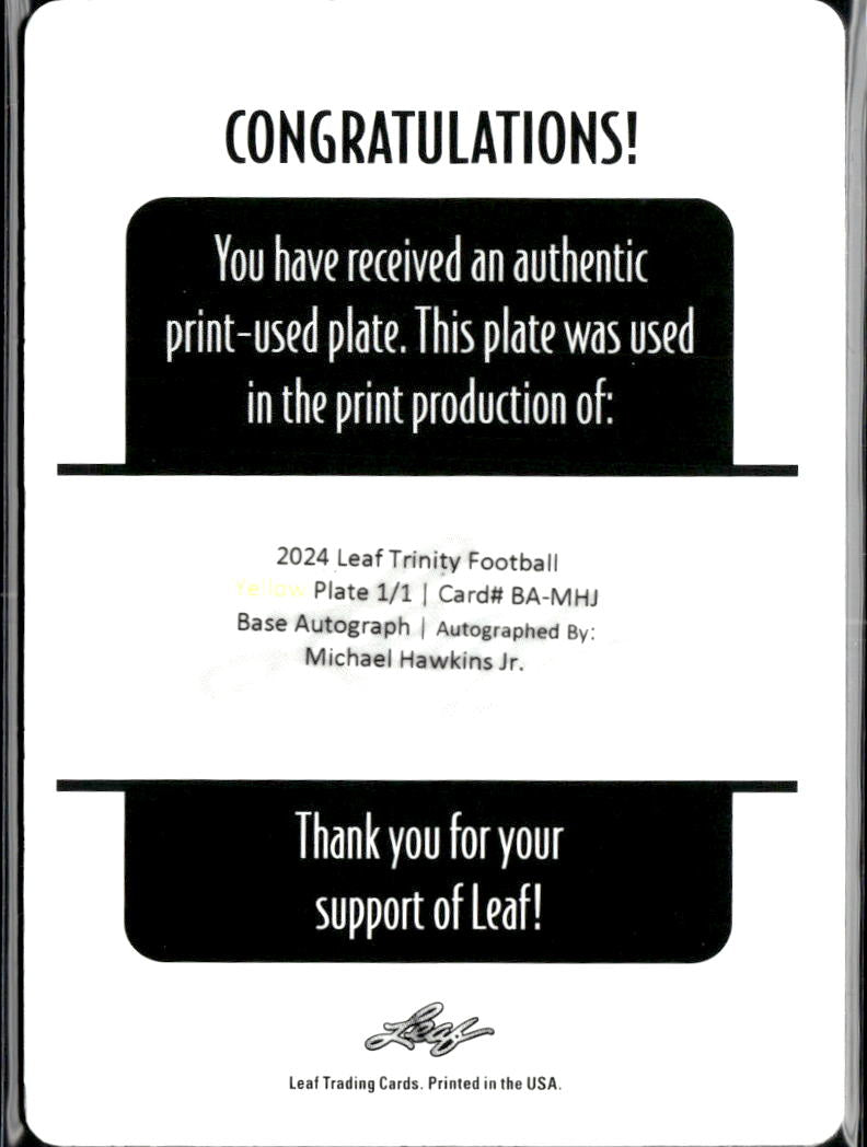 Michael Hawkins Jr. 2024 Leaf Auto Autograph Printing Plate RC West Virginia 1/1