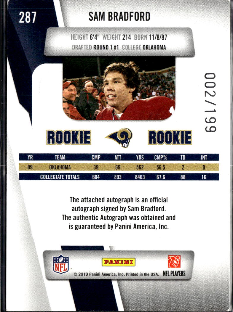 Sam Bradford 2010 Prestige Auto Autograph RC 2/199 Sooners Rams