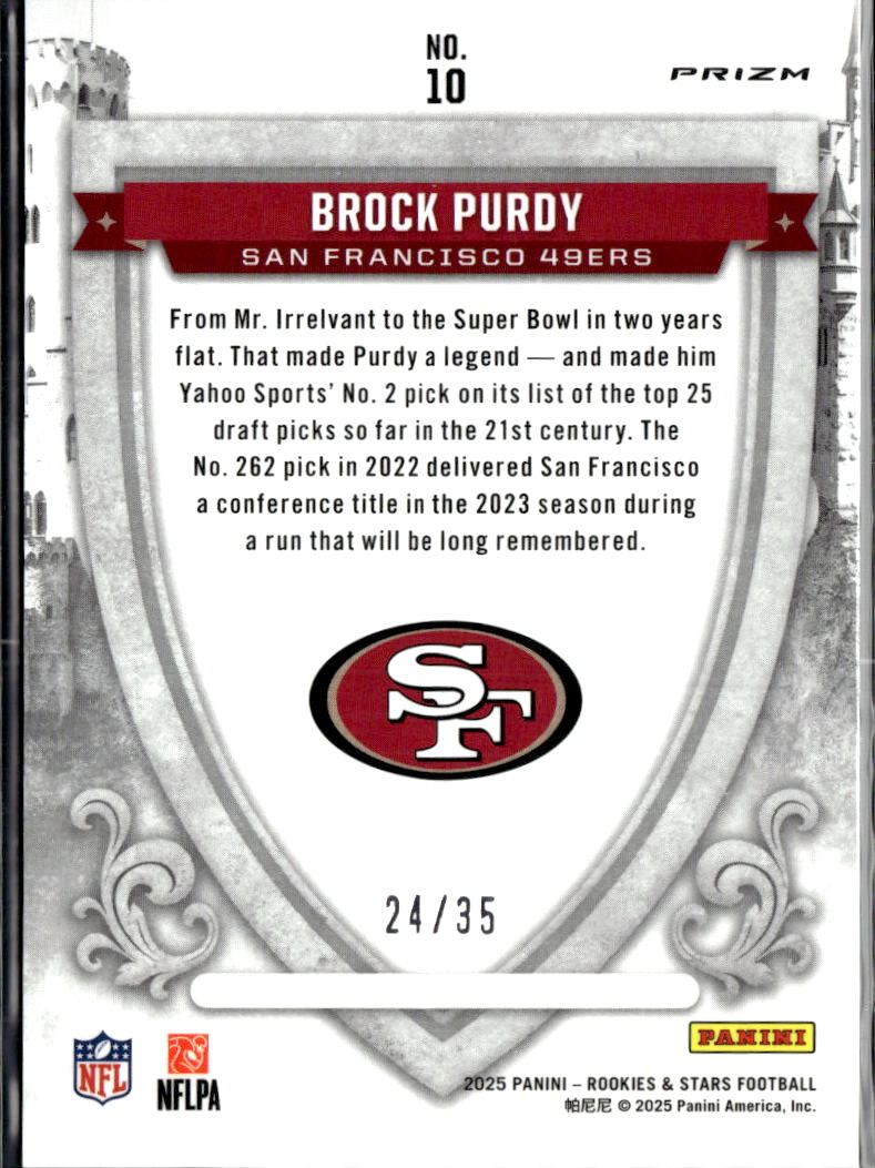 Brock Purdy 2025 Rookies & Stars Crusade Purple 24/35 San Francisco 49ers