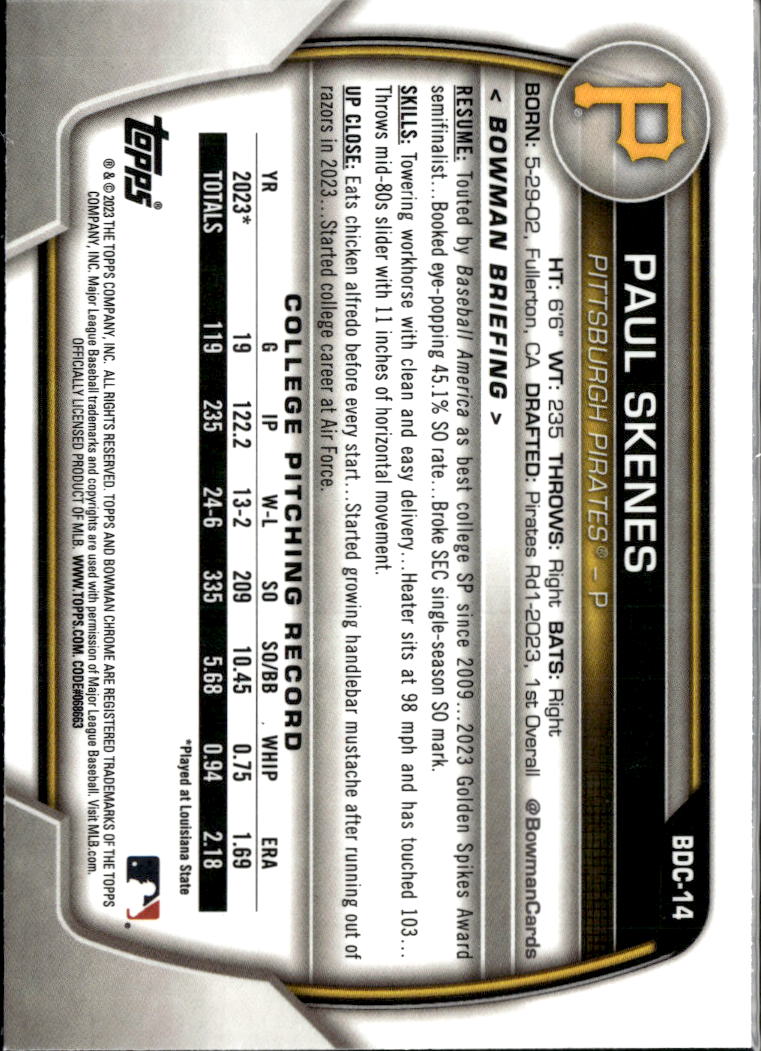 Paul Skenes 2023 Bowman Chrome 1st Rookie RC Pittsburgh Pirates