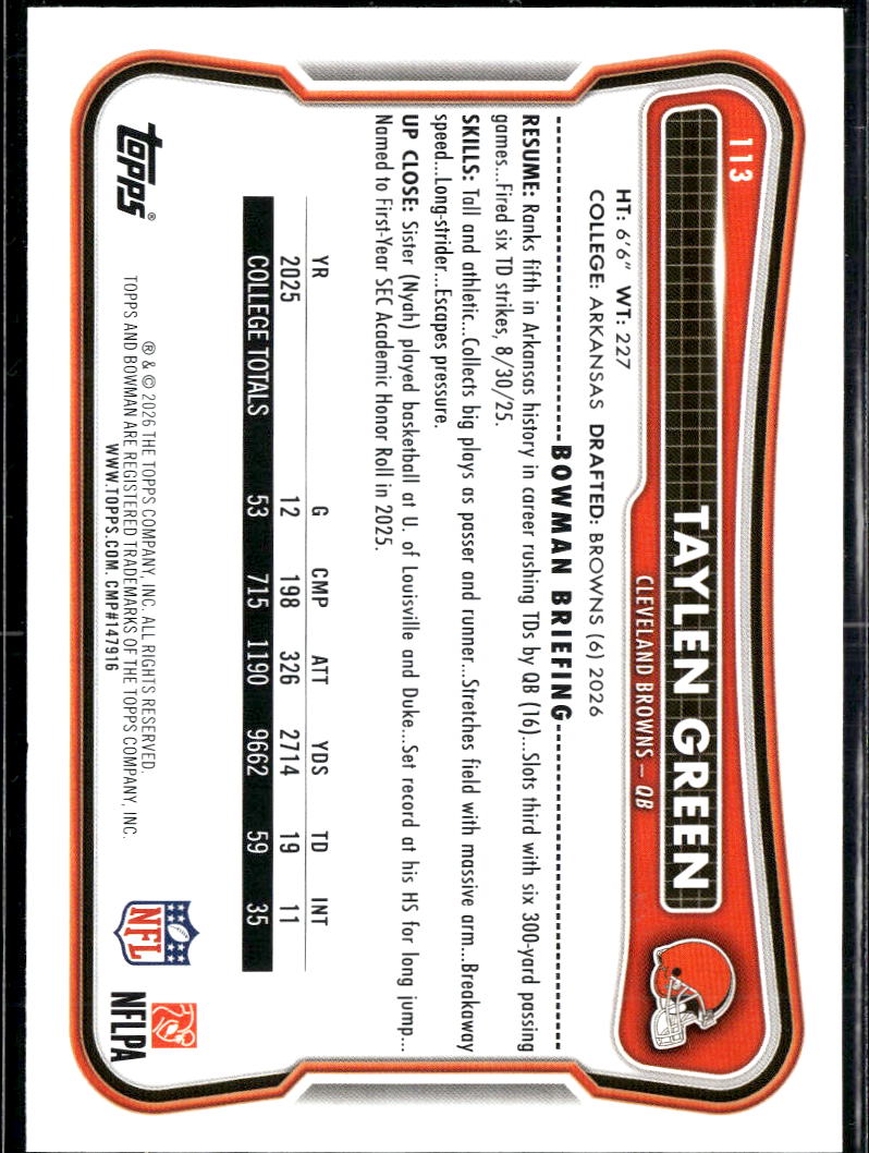 Taylen Green 2026 Bowman Yellow Rookie RC 94/275 Cleveland Browns