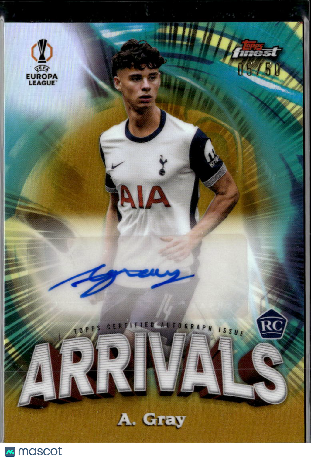 Archie Gray 2025 Topps Finest UEFA GOLD Auto Autograph RC 5/50 Tottenham Hotspur