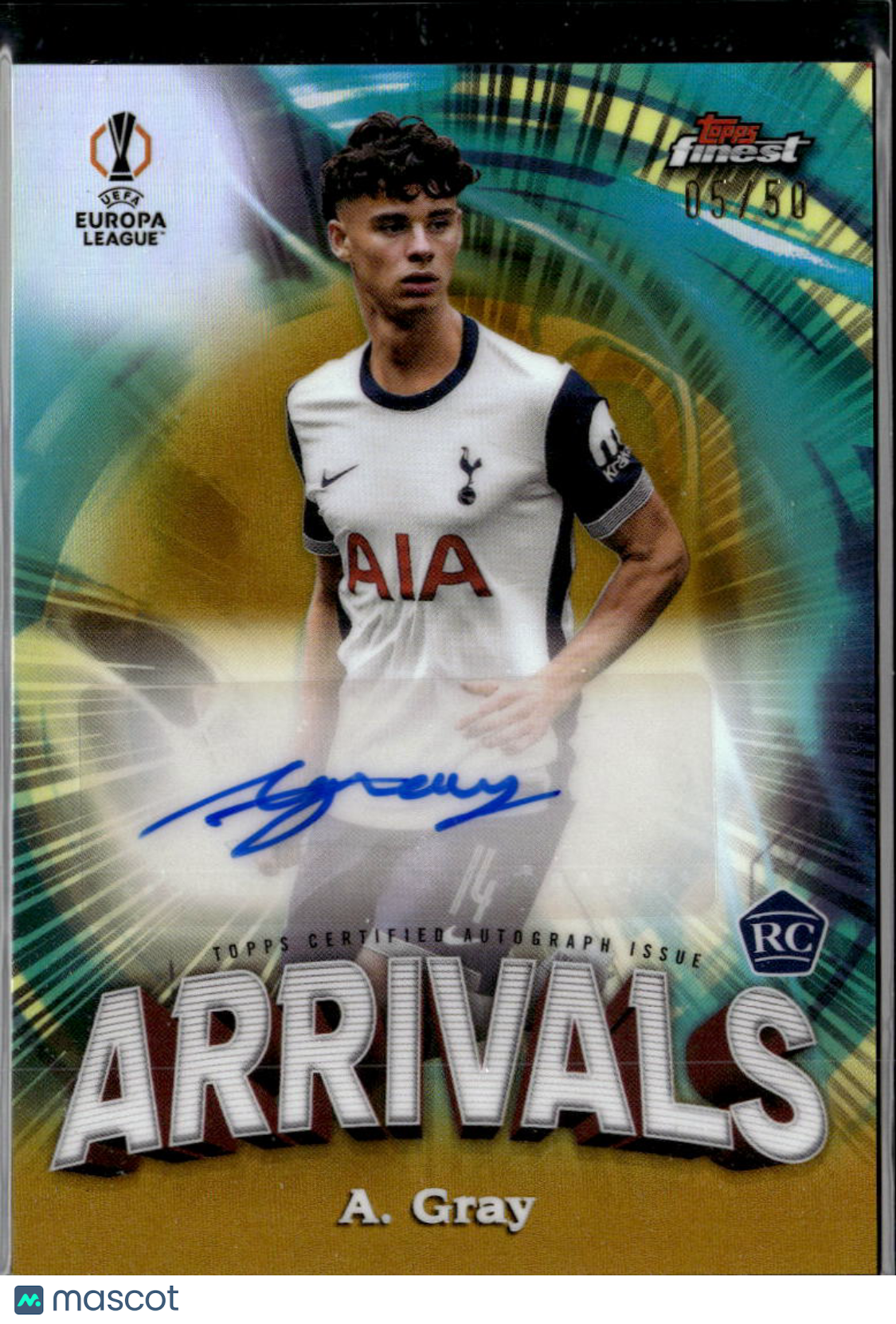 Archie Gray 2025 Topps Finest UEFA GOLD Auto Autograph RC 5/50 Tottenham Hotspur