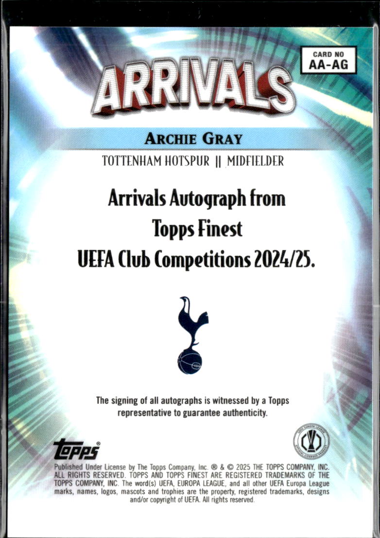 Archie Gray 2025 Topps Finest UEFA GOLD Auto Autograph RC 5/50 Tottenham Hotspur