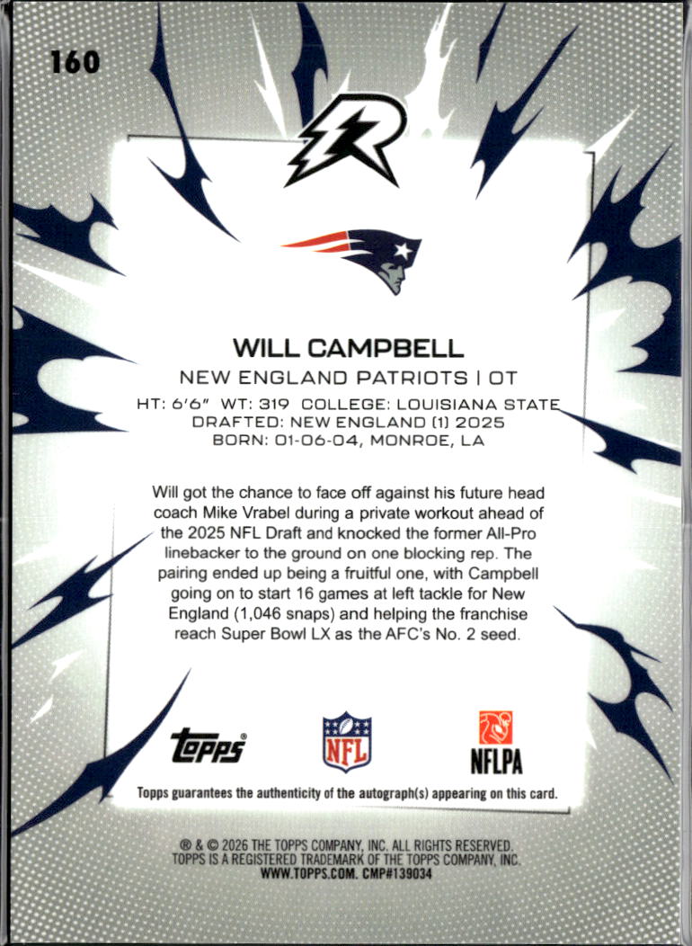 Will Campbell 2026 Topps Resurgence Auto Autograph RC New England Patriots