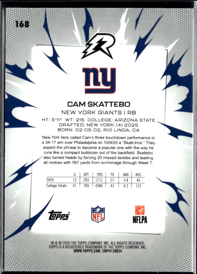 Cam Skattebo 2026 Topps Resurgence Blue Rookie RC 129/275 New York Giants