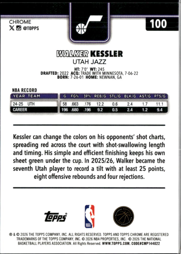 Walker Kessler 2026 Topps Chrome GOLD Refractor 37/50 Utah Jazz