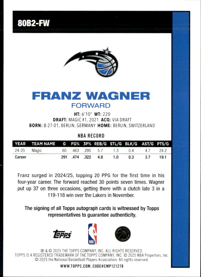 Franz Wagner 2025 Topps '80 Auto Autograph Orlando Magic