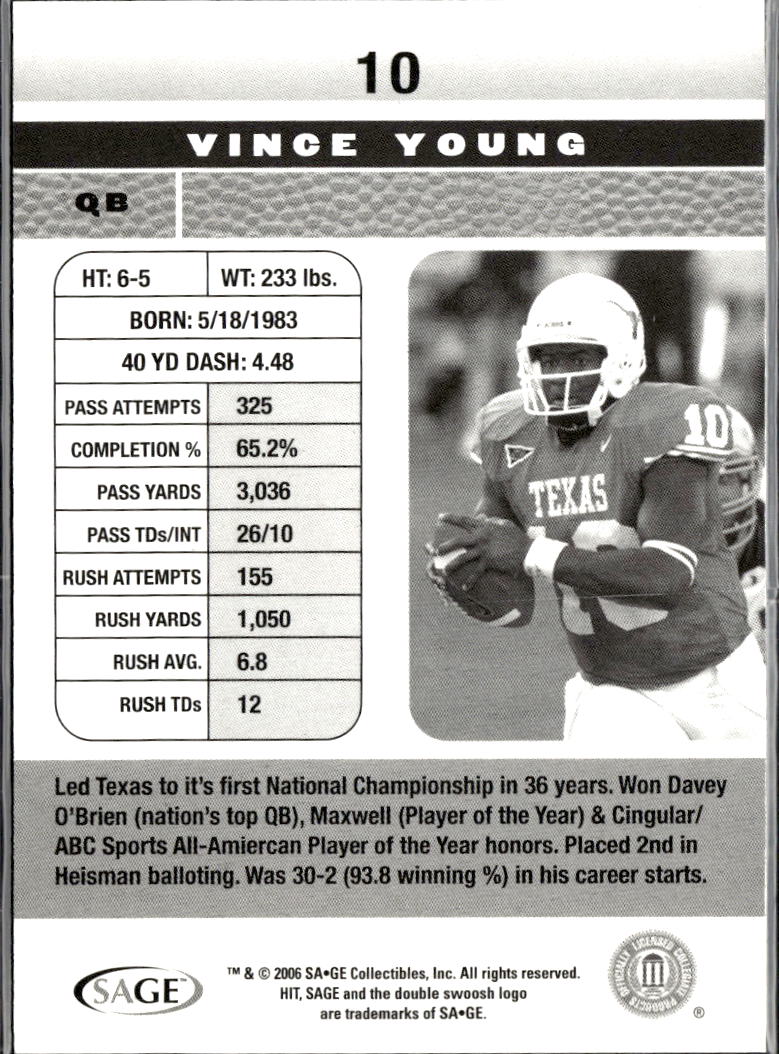 Vince Young 2006 SAGE HIT HYPE Rookie RC 11/25 Texas Longhorns