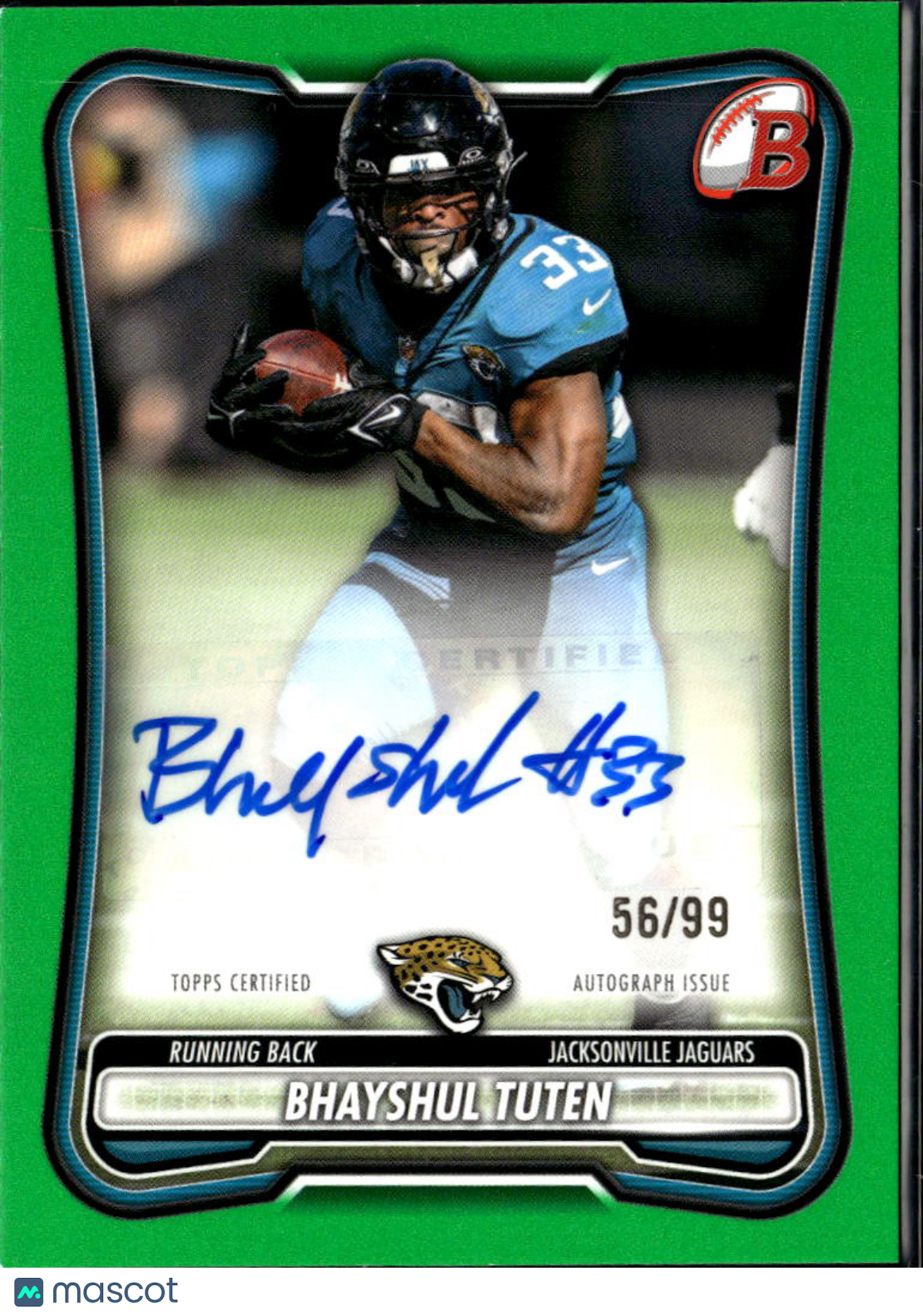 Bhayshul Tuten 2026 Bowman Auto Autograph Green 56/99 Jacksonville Jaguars