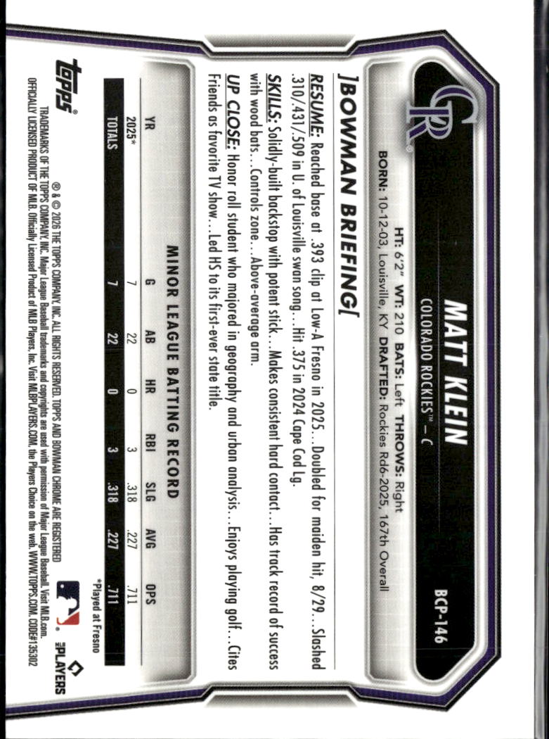 Matt Klein 2026 Bowman Chrome 1st RED Reptilian Refractor 1/5 Colorado Rockies