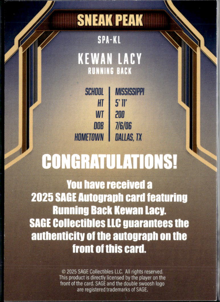 Kewan Lacy 2025 SAGE Sneak Peek Auto Autograph RC 1/1 Ole Miss Rebels