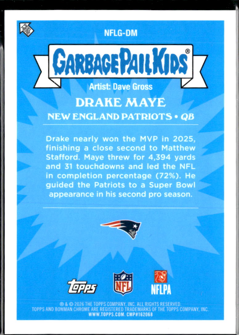 Drake Maye Dave Gross 2026 Topps Garbage Pail Kids CASE HIT New England Patriots