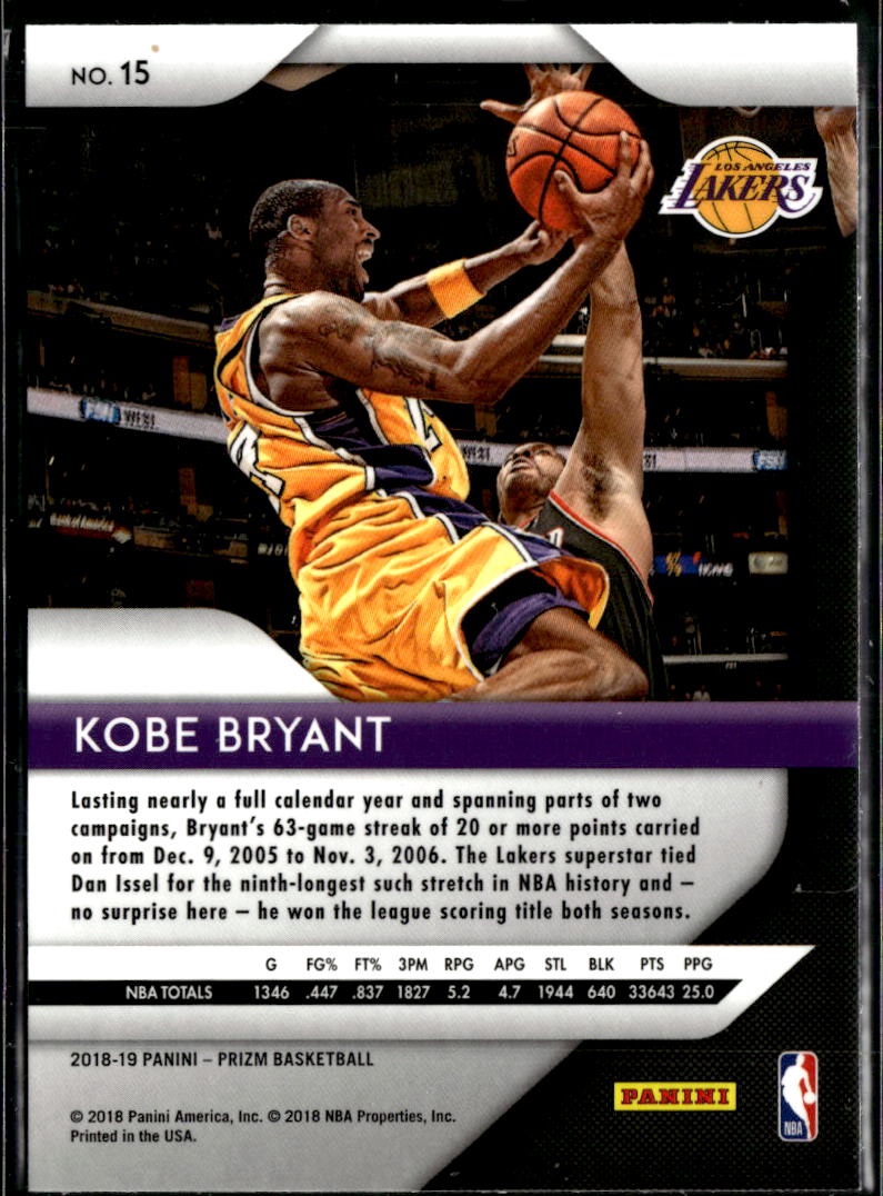 Kobe Bryant 2018-19 Panini Prizm Card #15 Los Angeles Lakers