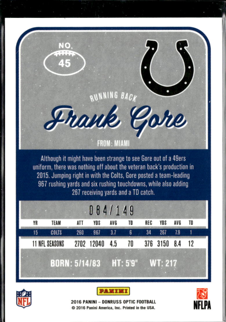 Frank Gore 2016 Optic Blue Prizm 84/149 Indianapolis Colts