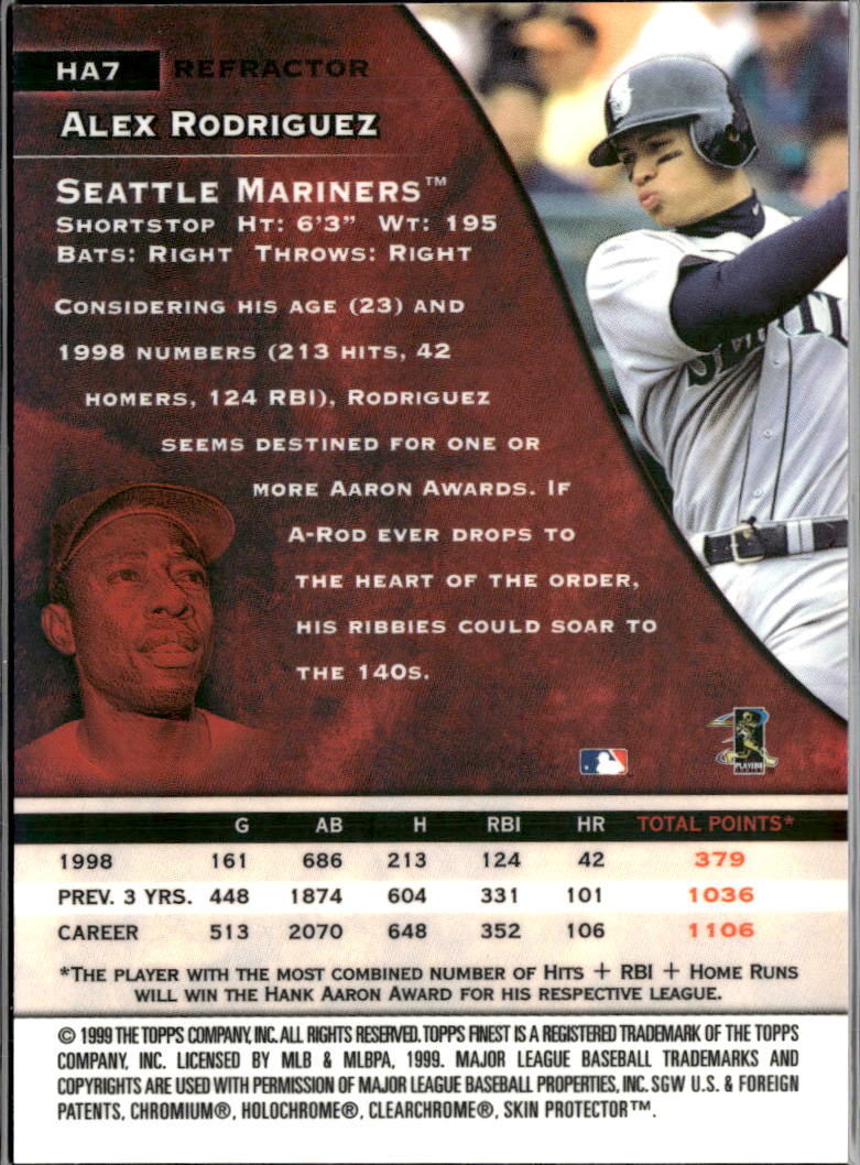 Alex Rodriguez Hank Aaron 1999 Topps Finest Refractor Seattle Mariners