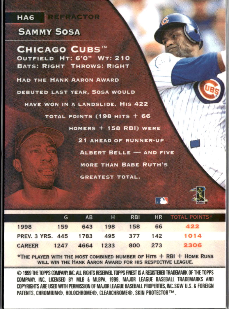 Sammy Sosa Hank Aaron 1999 Topps Finest Refractor Chicago Cubs