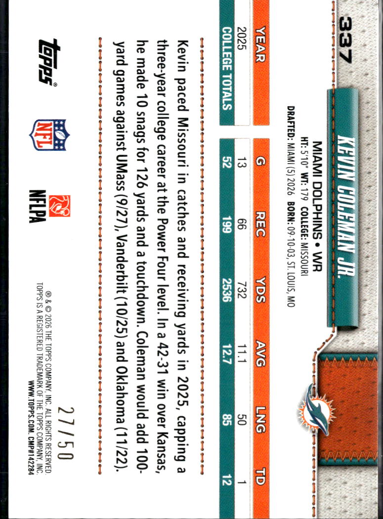 Kevin Coleman Jr. 2026 Topps GOLD Rookie RC 27/50 Miami Dolphins