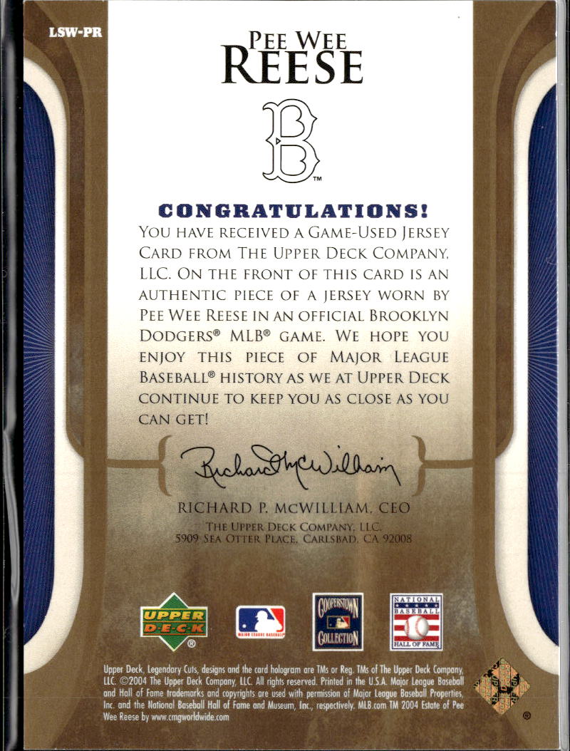 Pee Wee Reese 2004 SP Legendary Cuts Game Worn Jersey Patch Brooklyn Dodgers
