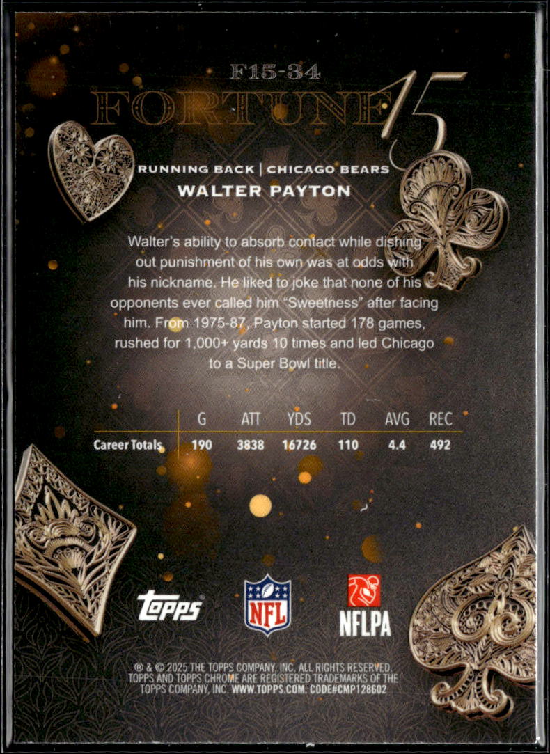 Walter Payton 2025 Topps Chrome Fortune 15 Blue Refractor 104/150 Chicago Bears