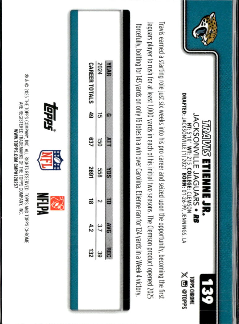 Travis Etienne Jr. 2025 Topps Chrome Gold /50 Jacksonville Jaguars