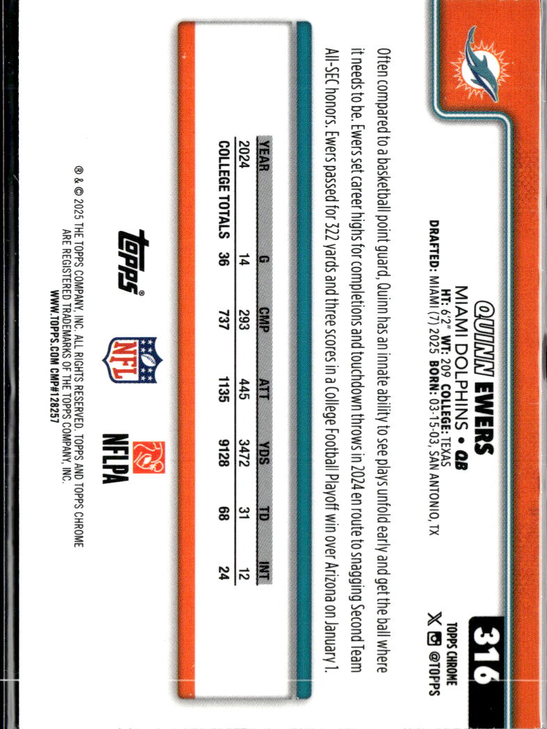 Quinn Ewers 2025 Topps Chrome Pink Wave Refractor RC /250 Miami Dolphins