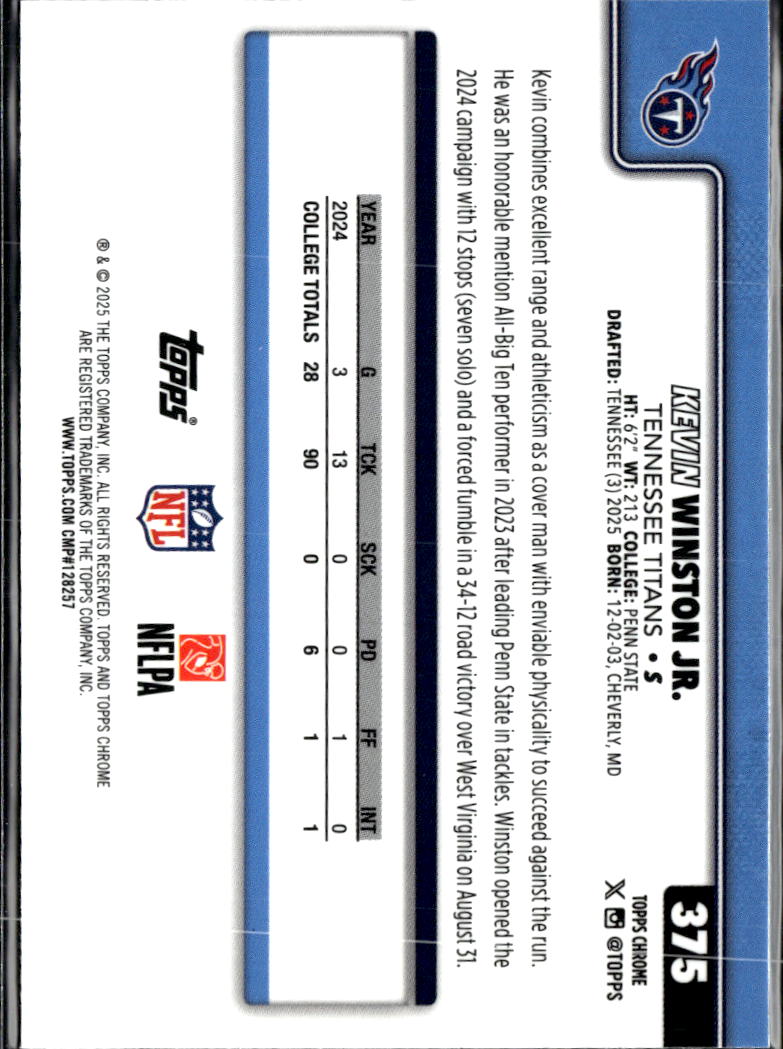 Kevin Winston Jr. 2025 Topps Chrome Aqua Wave Refractor RC /299 Tennessee Titans
