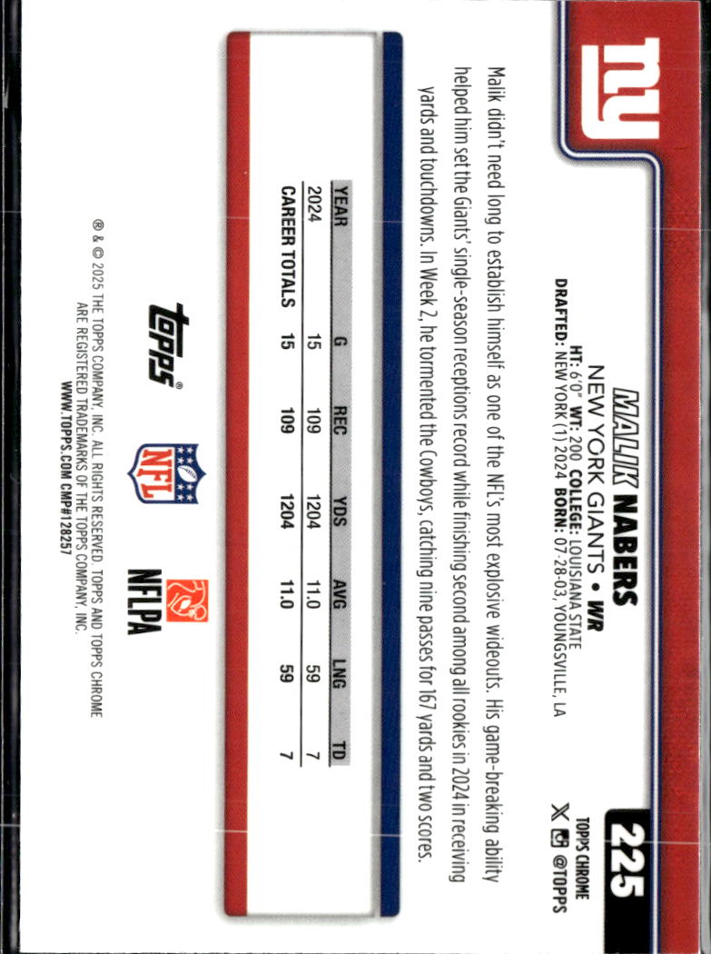 Malik Nabers 2025 Topps Chrome Aqua Refractor 88/199 New York Giants