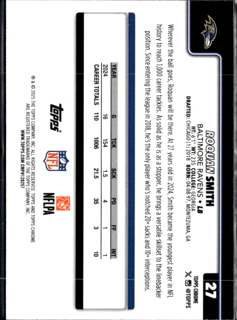 Roquan Smith 2025 Topps Chrome Blue Refractor 98/150 Baltimore Ravens