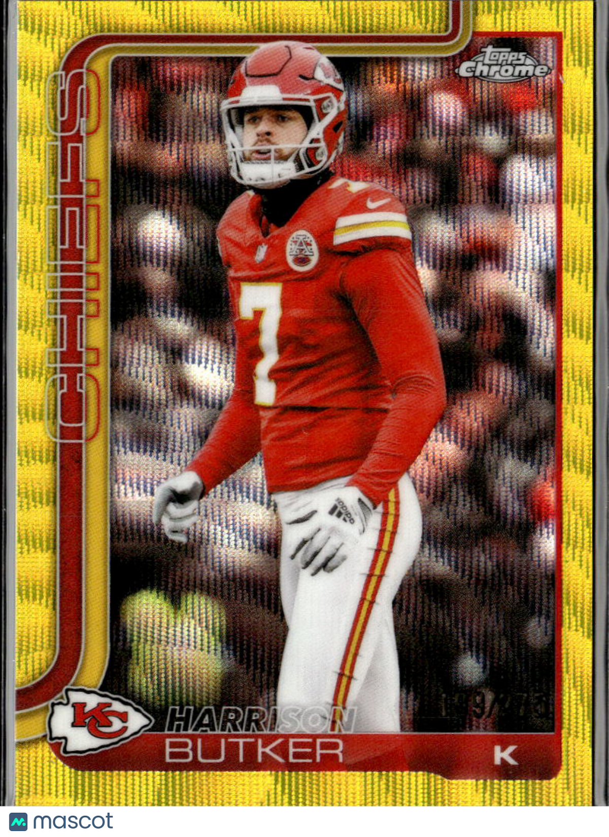 Harrison Butker 2025 Topps Chrome Yellow Wave Refractor /275 Kansas City Chiefs