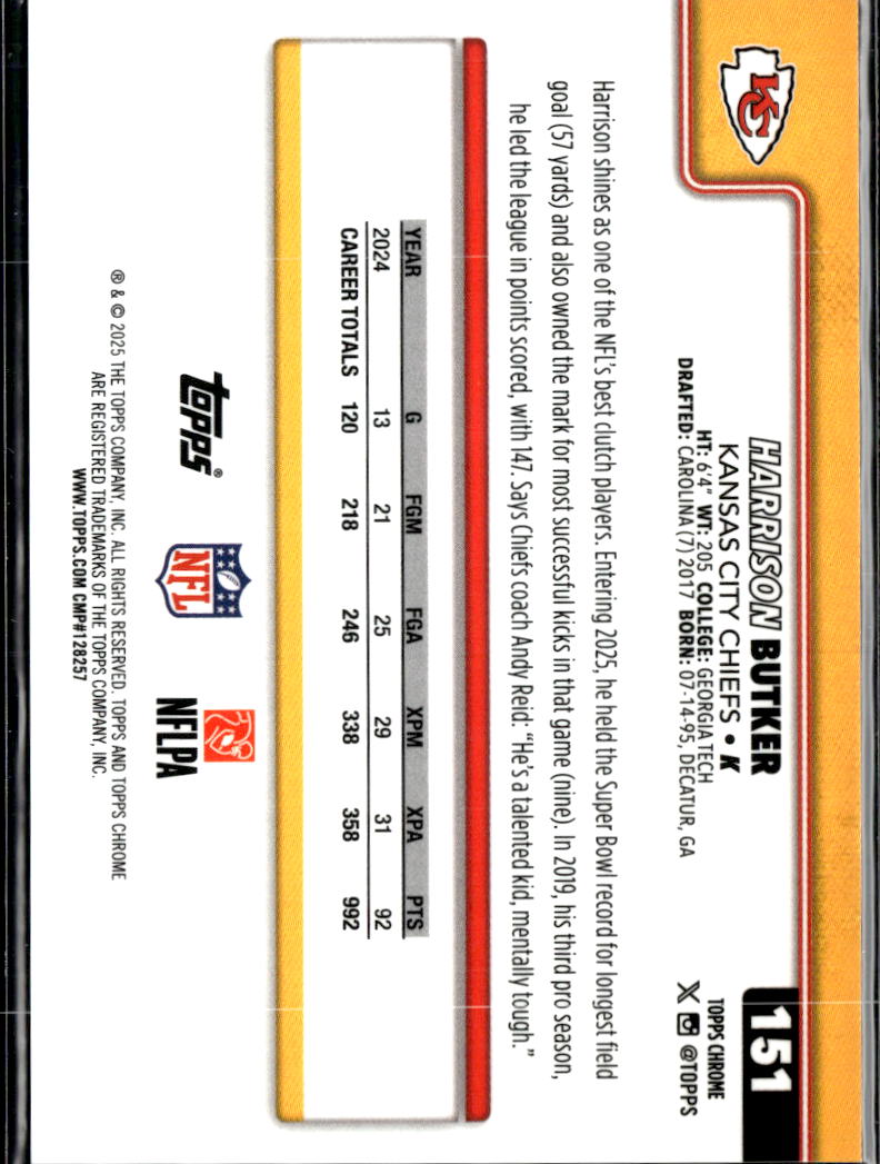 Harrison Butker 2025 Topps Chrome Yellow Wave Refractor /275 Kansas City Chiefs