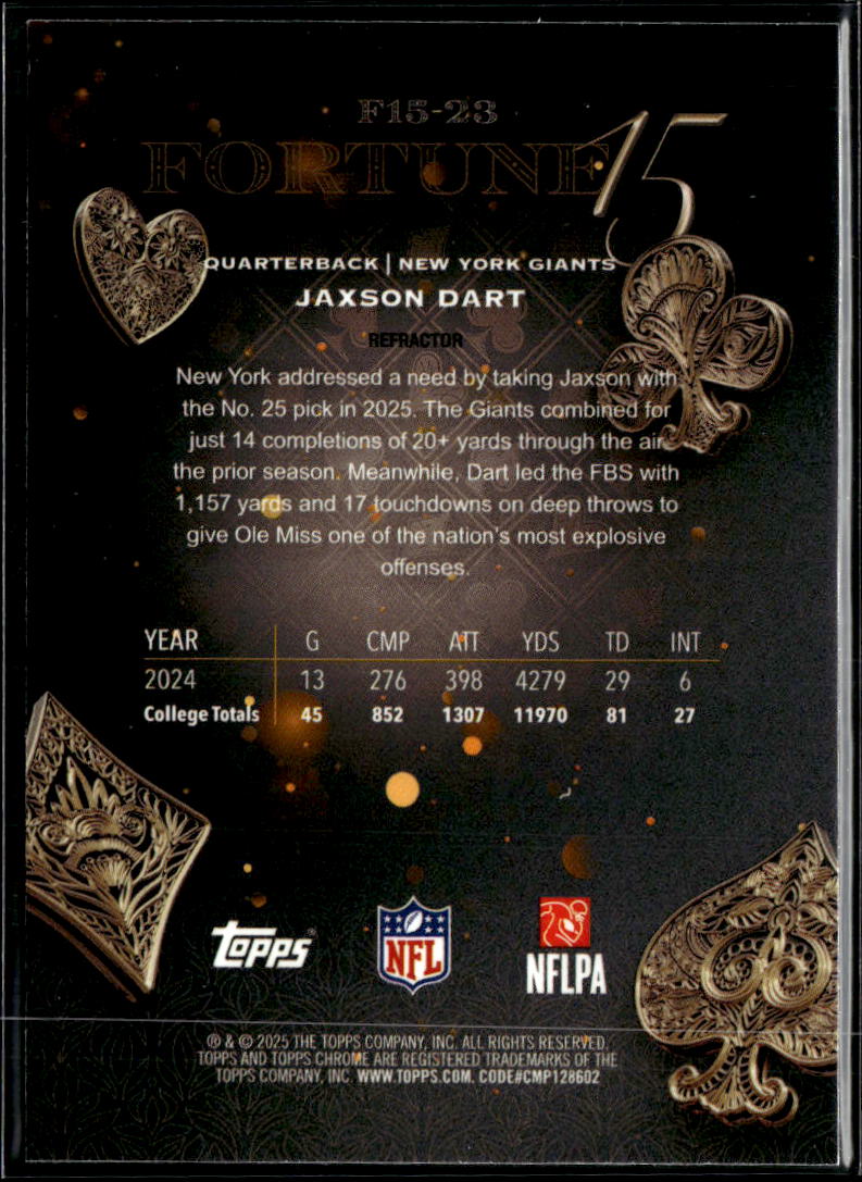 Jaxson Dart 2025 Topps Chrome Fortune 15 Refractor RC New York Giants