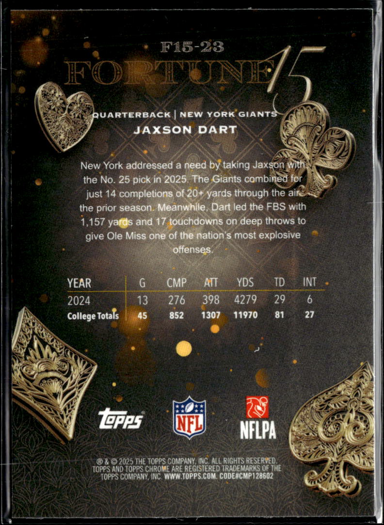 Jaxson Dart 2025 Topps Chrome Fortune 15 Rookie RC New York Giants