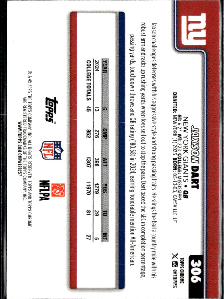 Jaxson Dart 2025 Topps Chrome Rookie RC New York Giants