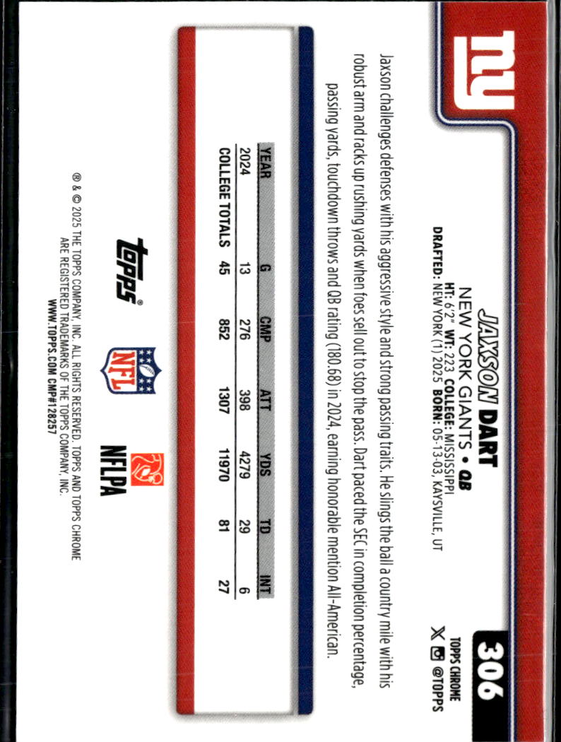 Jaxson Dart 2025 Topps Chrome Rookie RC New York Giants