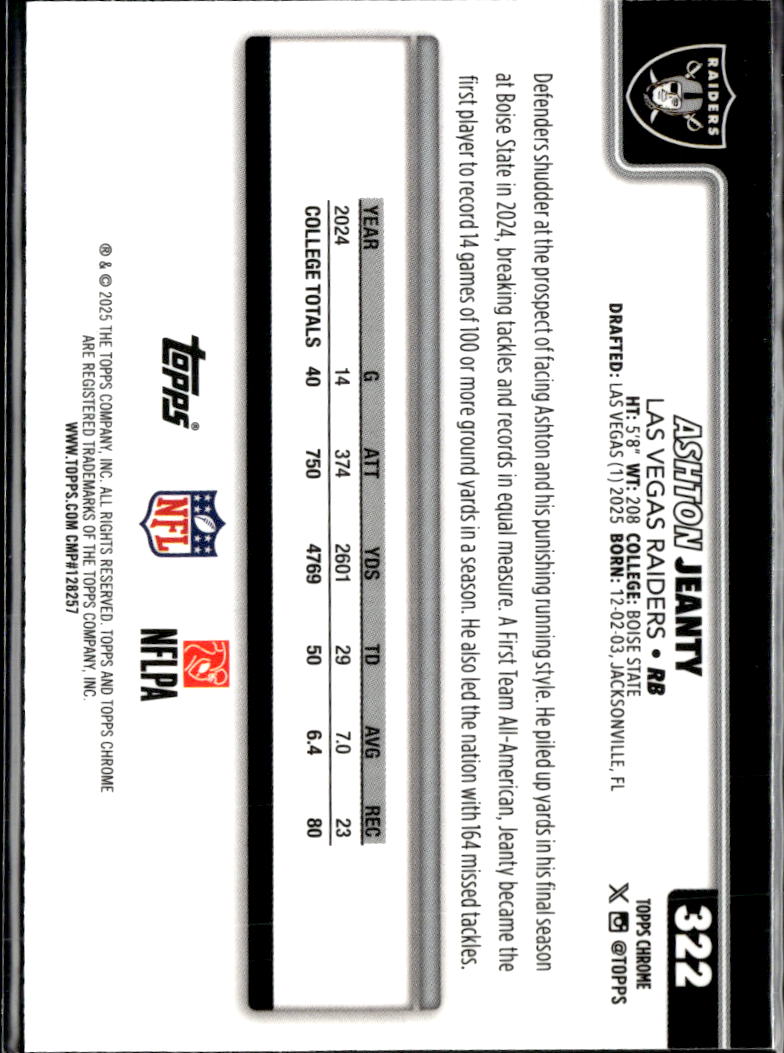 Ashton Jeanty 2025 Topps Chrome Rookie RC Las Vegas Raiders