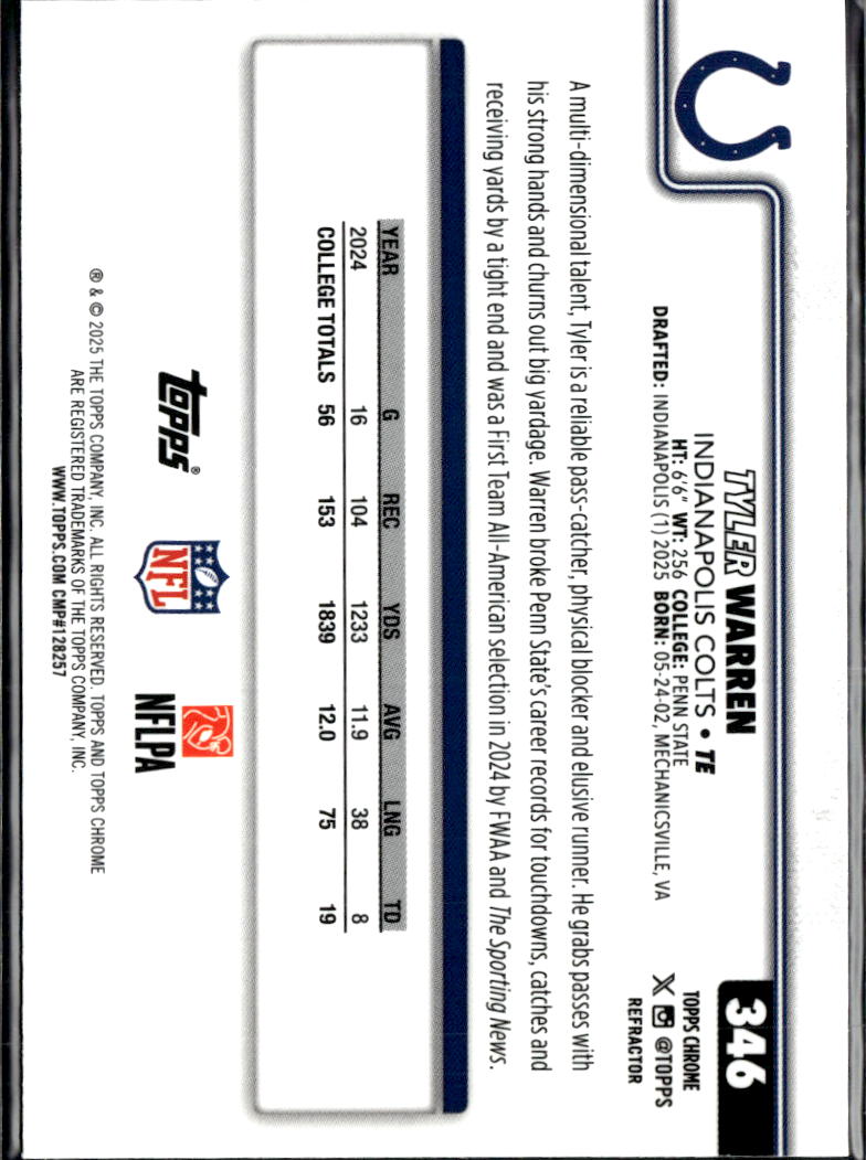 Tyler Warren 2025 Topps Chrome RC Rookie Refractor Indianapolis Colts