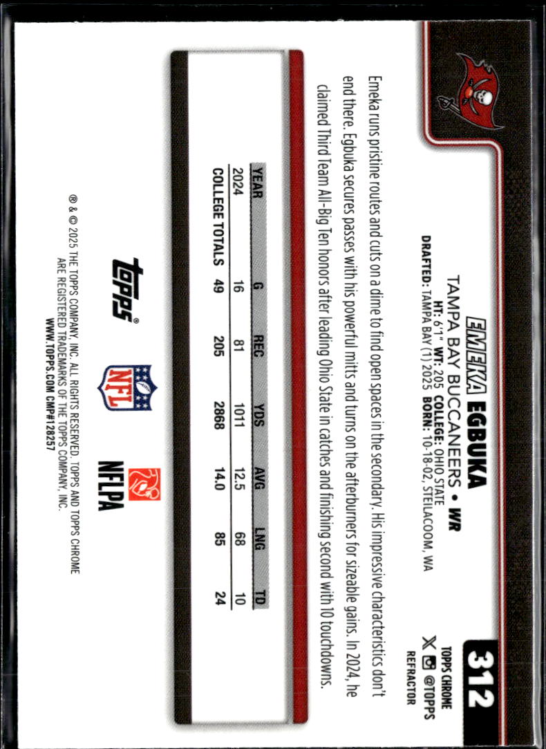 Emeka Egbuka 2025 Topps Chrome RC Refractor Tampa Bay Buccaneers