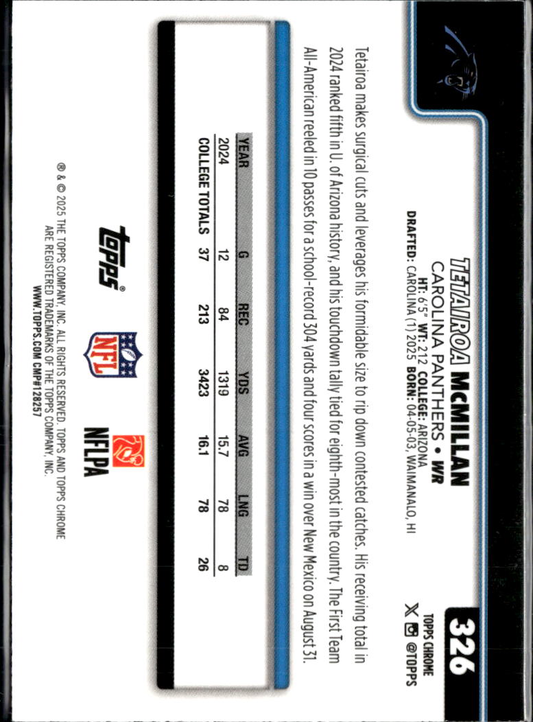 Tetairoa McMillan 2025 Topps Chrome RC Prism Refractor Rookie Carolina Panthers