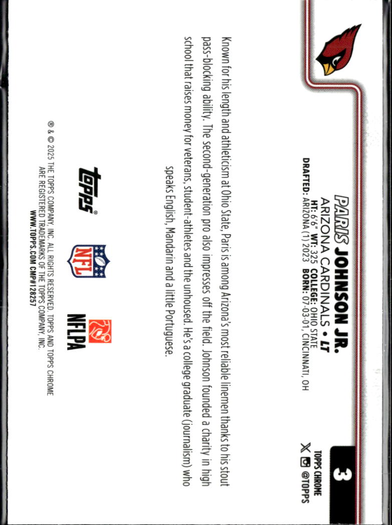 Paris Johnson Jr. 2025 Topps Chrome Neon Pulse Refractor Arizona Cardinals