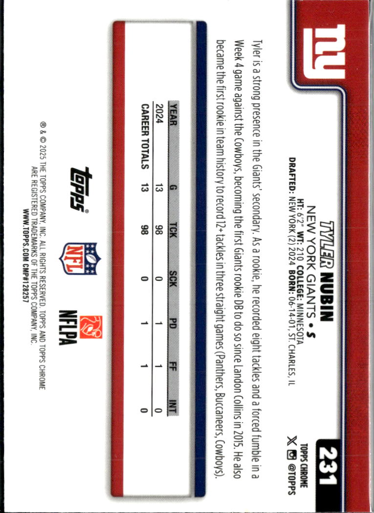 Tyler Nubin 2025 Topps Chrome Neon Pulse Refractor New York Giants