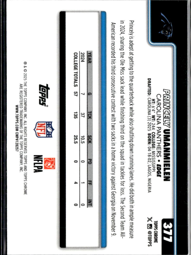 Princely Umanmielen 2025 Topps Chrome Neon Pulse Refractor RC Carolina Panthers